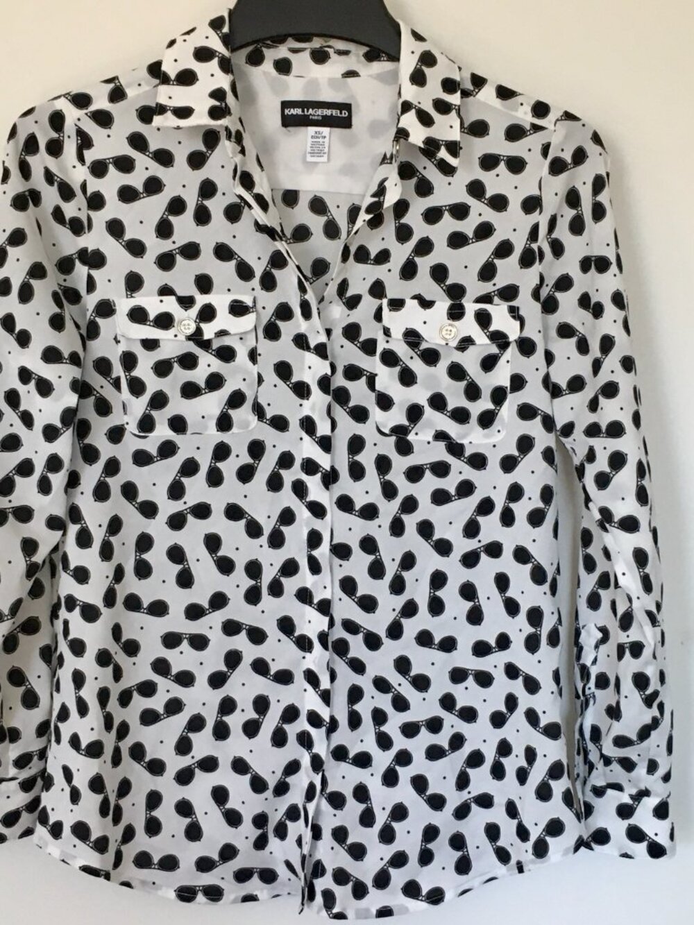 Karl Lagerfeld Paris Women's White/ Black Long Sleeve Button Up Collar Shirt XS